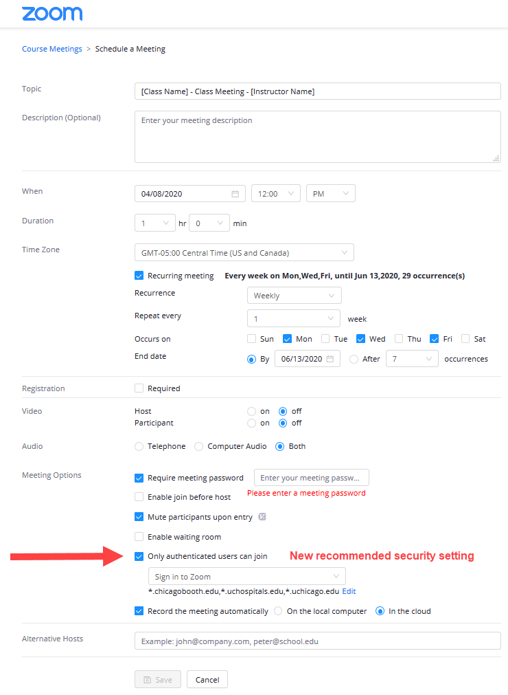Zoom Meeting Settings - Class Meetings