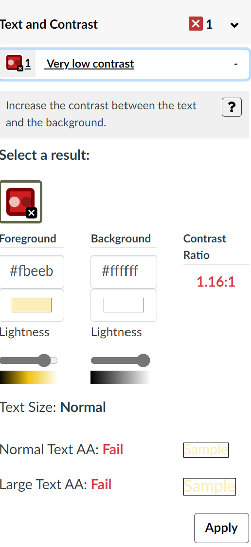 Dialog box showing color contrast error and options for remediation