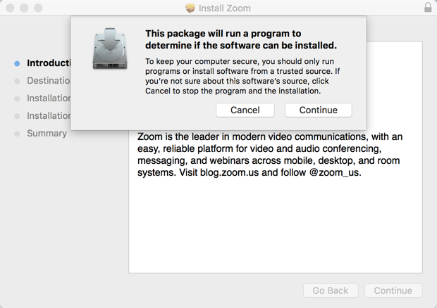 Package installation pop up