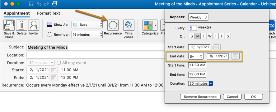 Edit Appointment Reoccurring appointment options screen