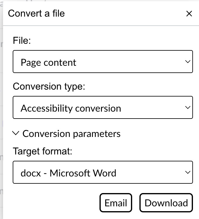 Document conversion dialog box in SensusAccess with all options shown