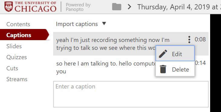 Drop-down menu with Edit selected