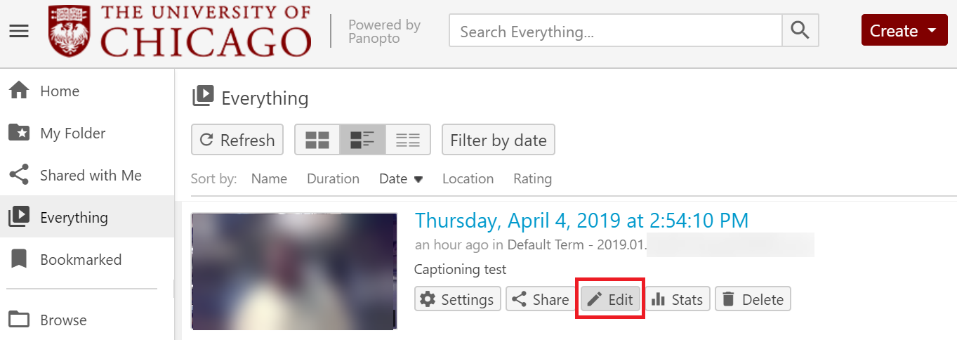 Menu for Panopto video with Edit indicated