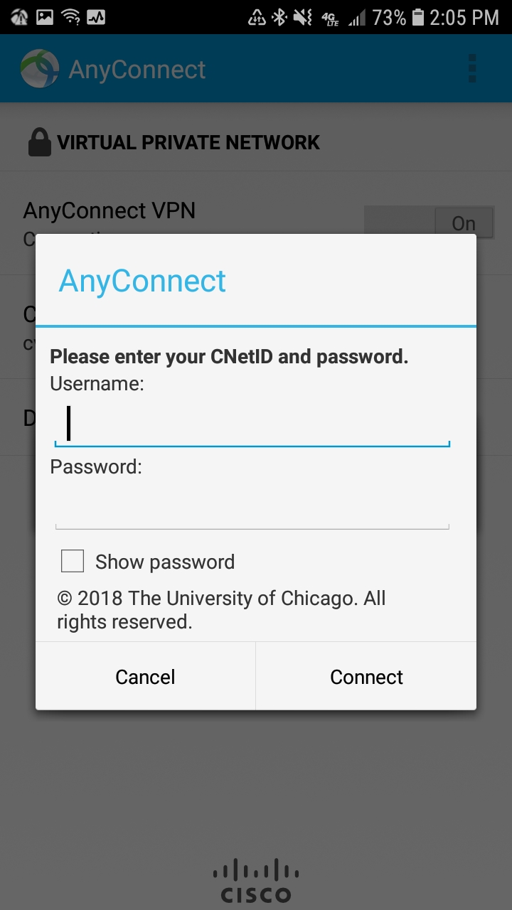 Screen to enter CNetID and password