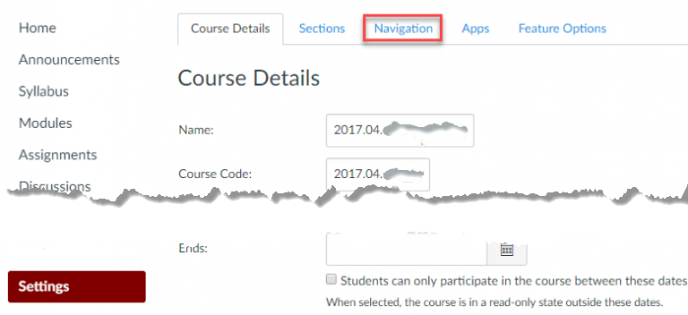 Canvas Course Settings - Navigation Tab