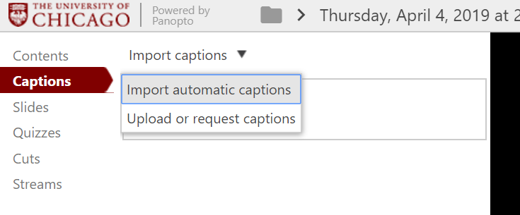 Drop-down menu with Import automatic captions selected