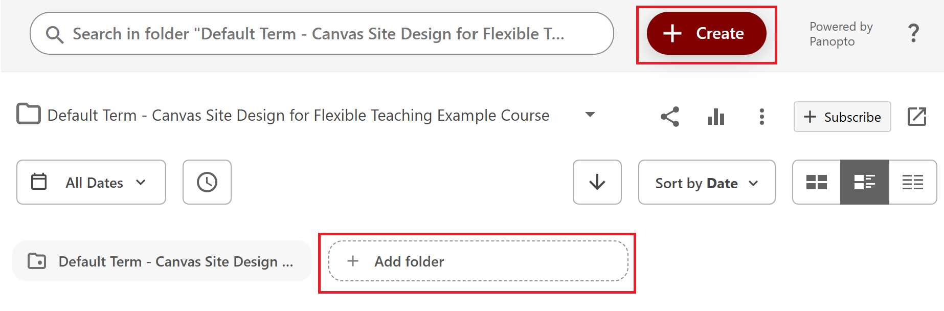 Panopto folder with options for creating subfolders highlighted