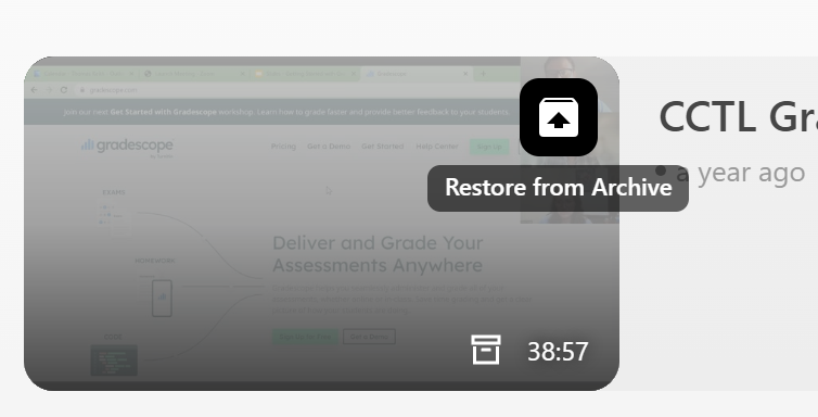 Panopto thumbnail with Restore from Archive icon shown