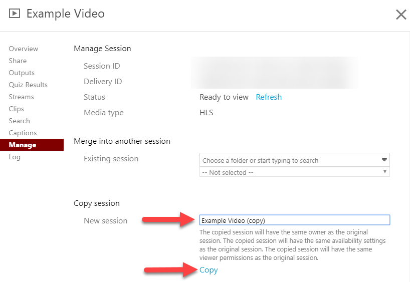 Copy Session with Name dialog box and Copy button indicated