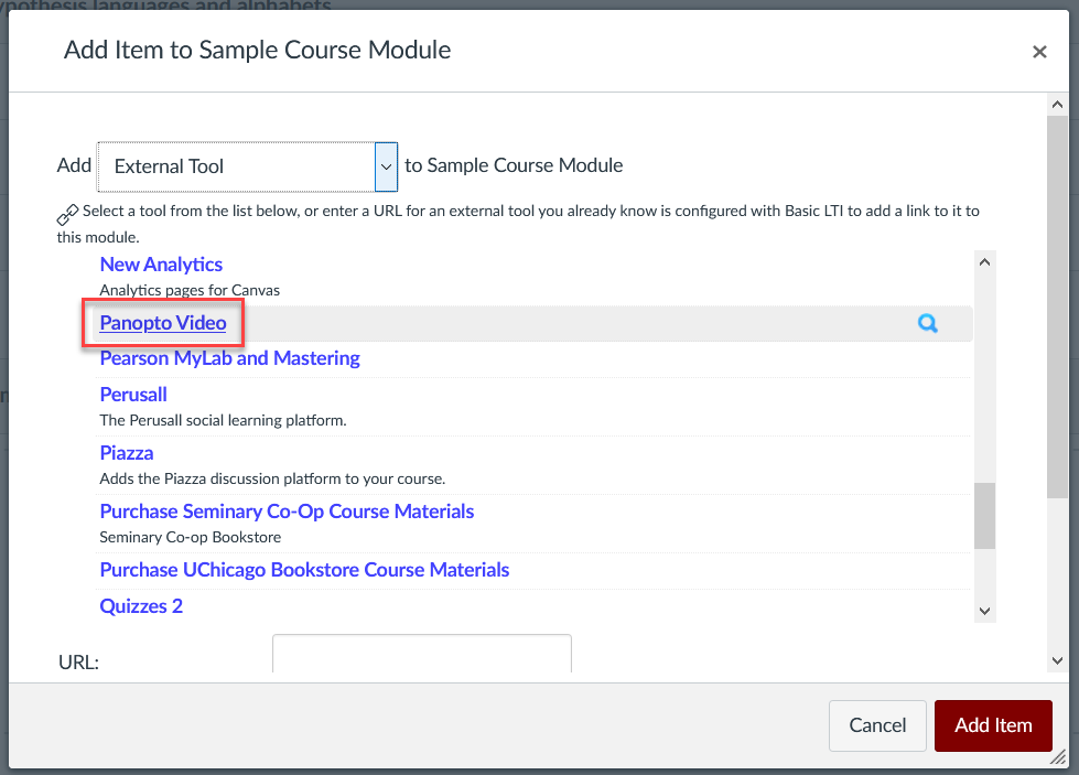 List of External Tools supported in Canvas Modules, with Panopto Video selected in red