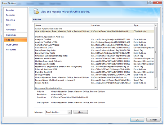 SmarView Add-Ins List on Microsoft Office Add-Ins Window