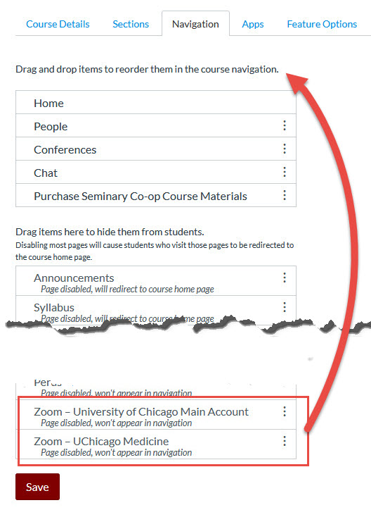 Canvas Course Settings - Navigation Tab - Zoom Items