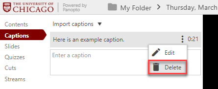 Caption editing menu with Delete indicated