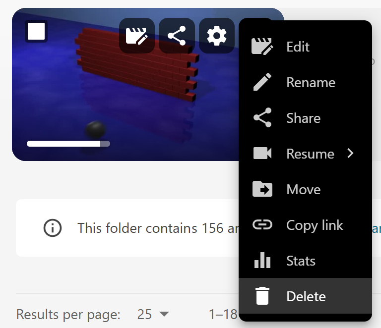 Video menu with delete option selected
