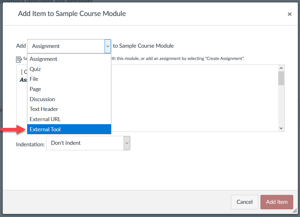 Add Module Item dialogue box with "External Tool" selected, pointed to by red arrow