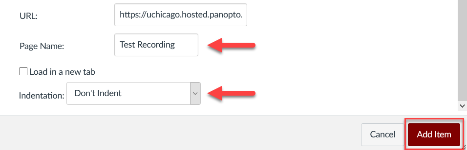Canvas "Add Module Item" display with arrows pointing to page name and indentation