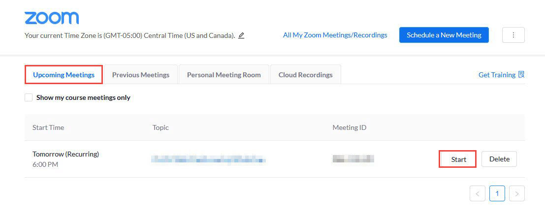 Zoom Upcoming Meetings - Start Interface