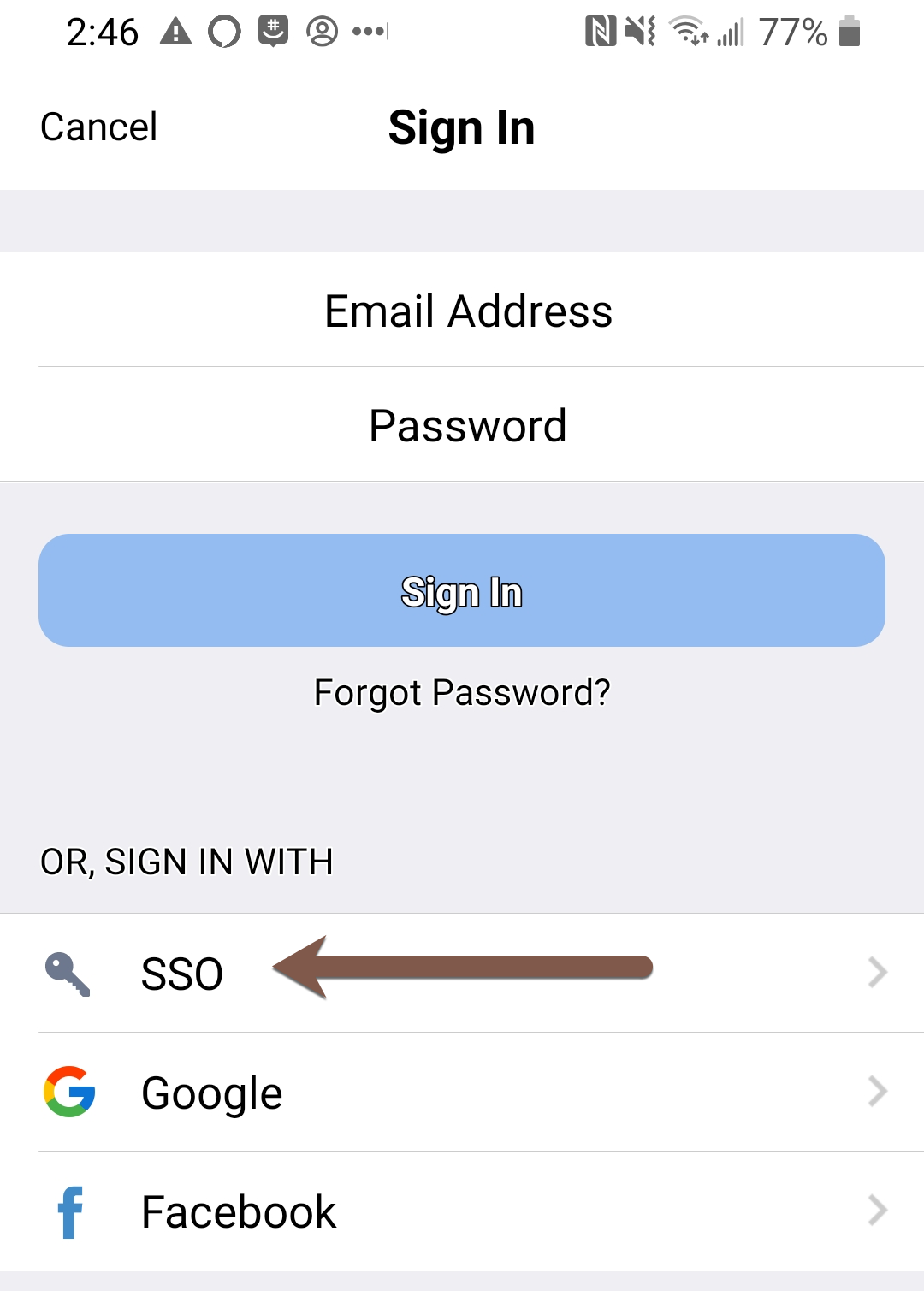 Sign in with SSO log-in page