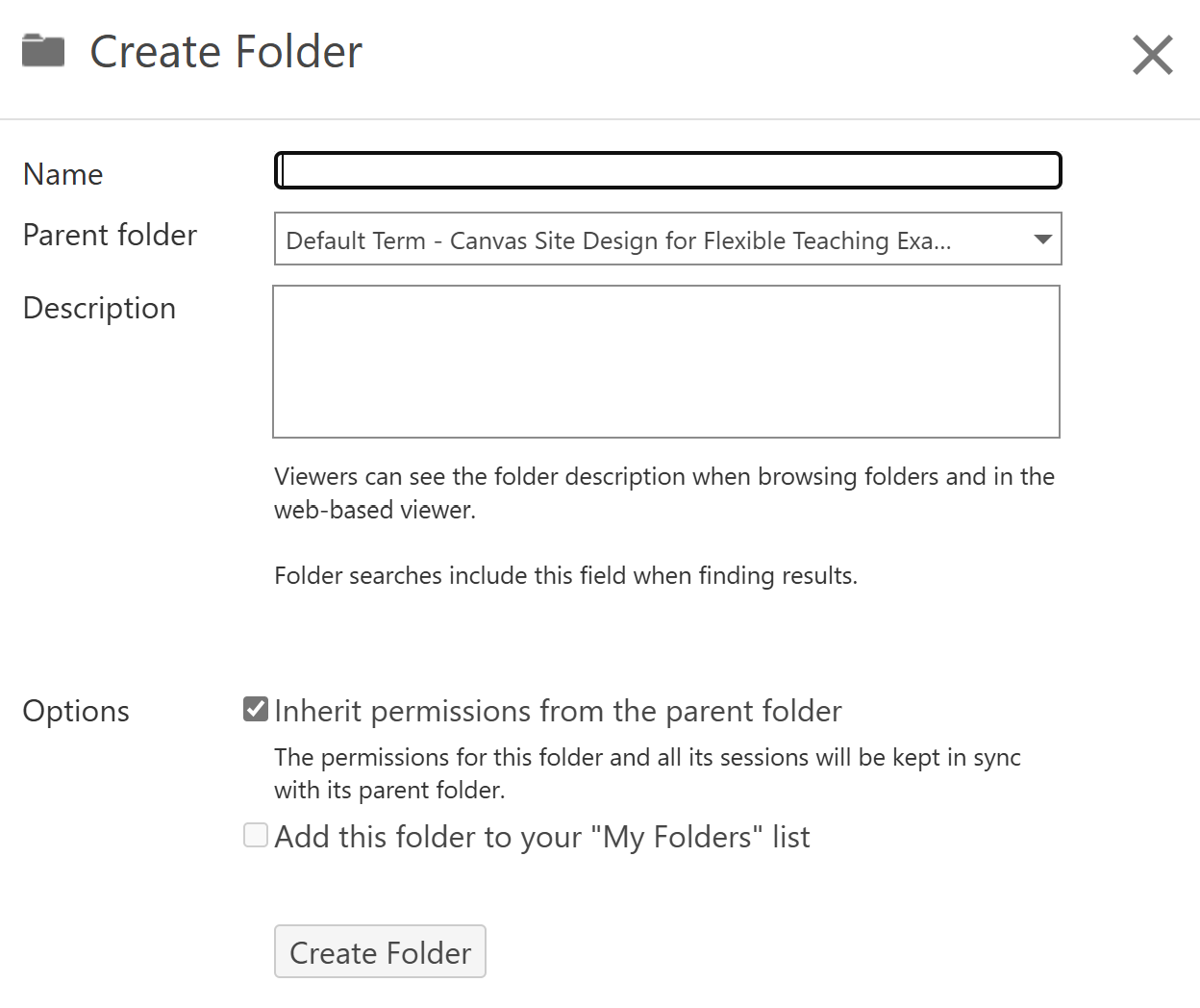 Dialog box with options for new folder