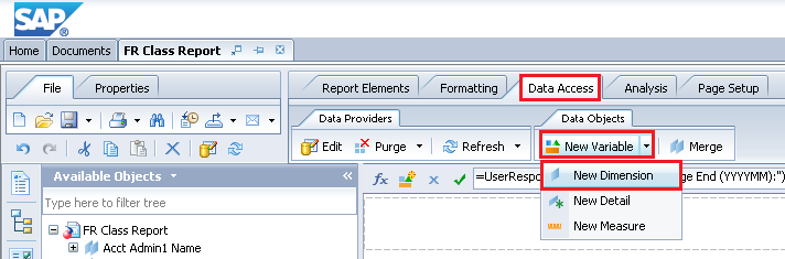 Data Access Menu and New Dimensions menu options 
