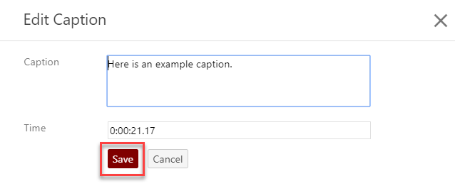 Caption editing dialog box with Save button indicated
