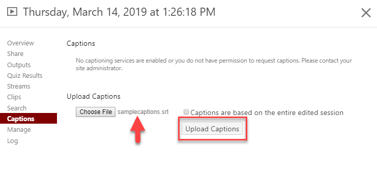 Captions dialog box with file uploaded and Upload Captions button indicated