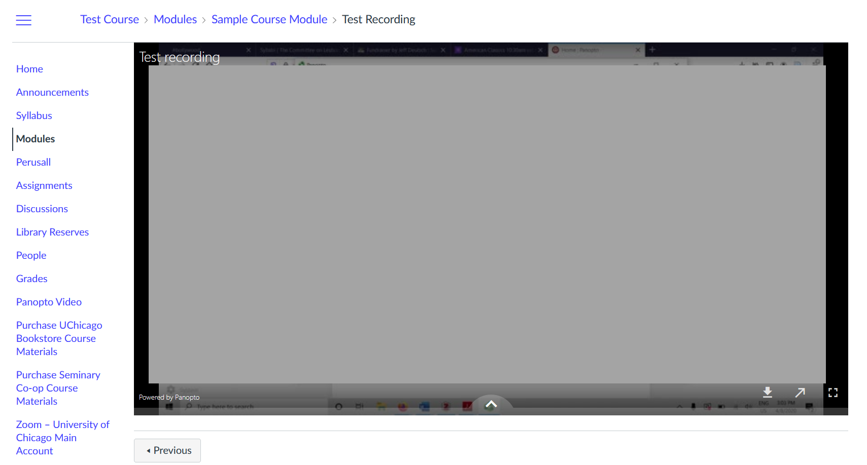 Sample Panopto video embedded into Canvas site through Module
