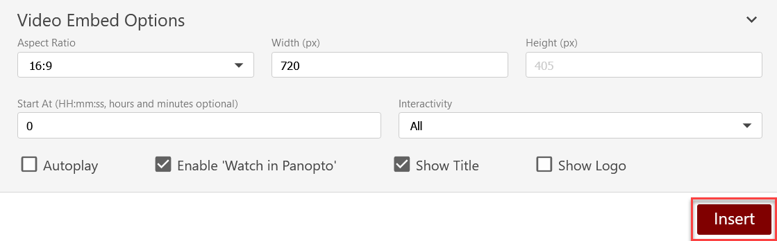 Video embed options for Panopto integration