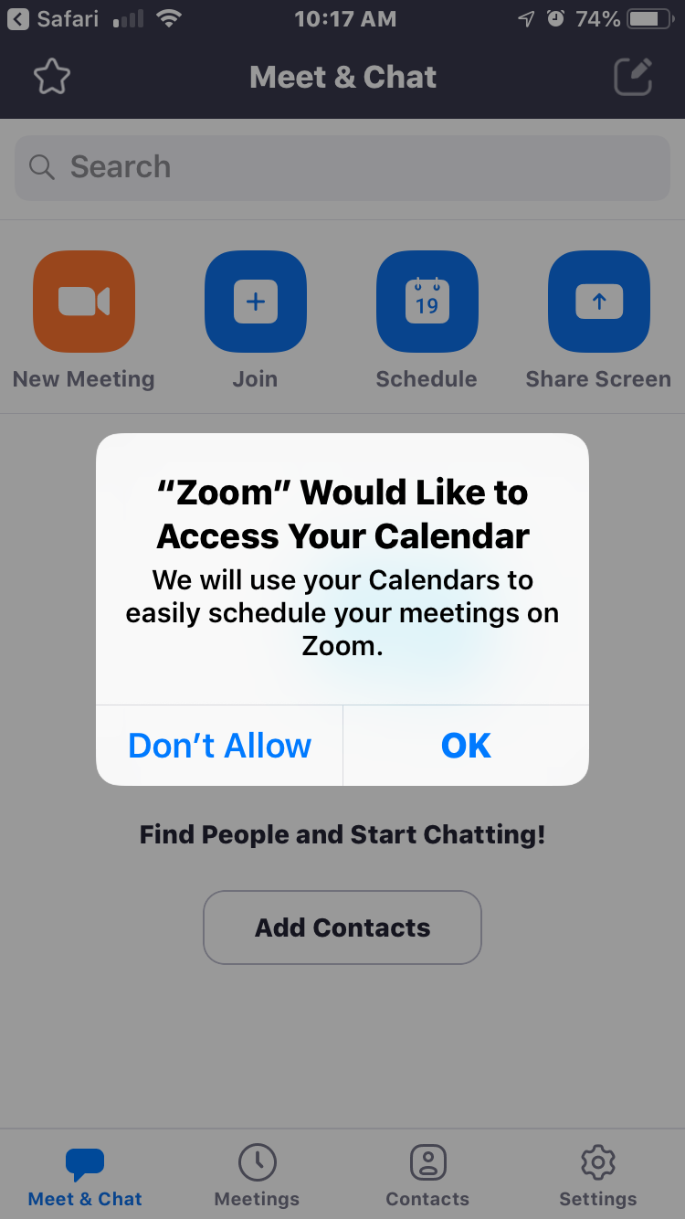 Zoom request to allow calendar access pop-up