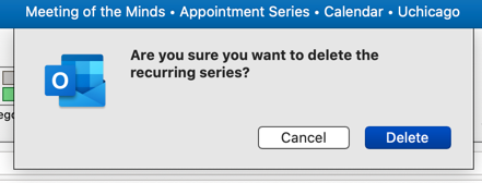 Delete All Meetings in Series Confirmation Screen on Outlook 2016 for Mac