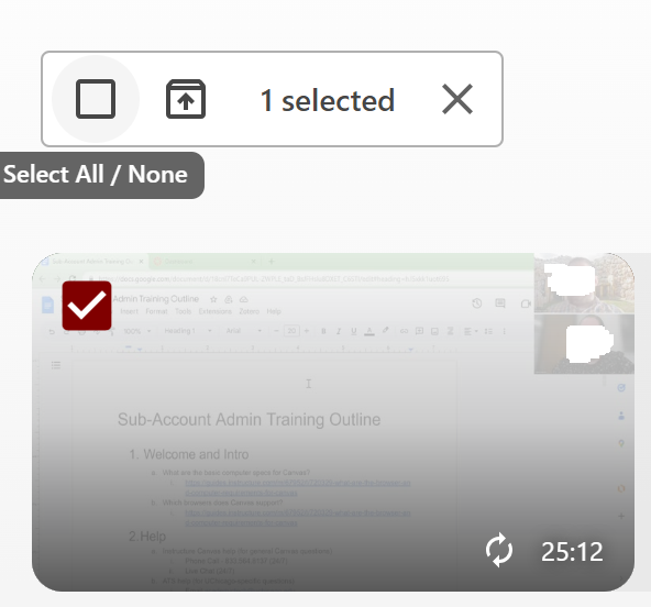 Panopto interface showing box to select all videos on a page for restoration