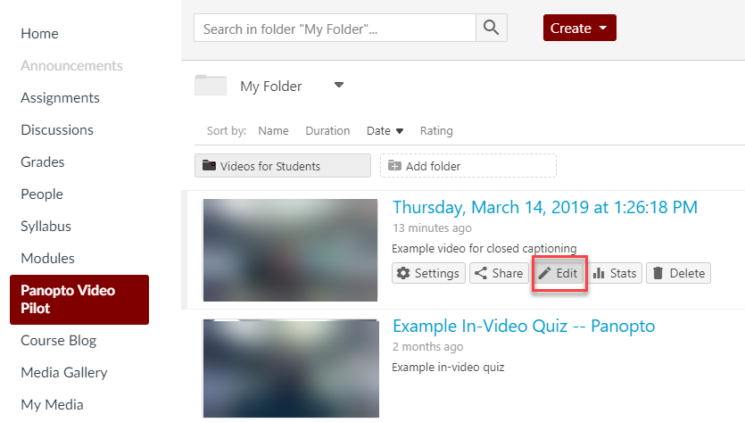 Edit option in menu