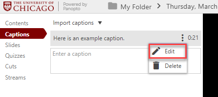 Caption editing menu with Edit indicated