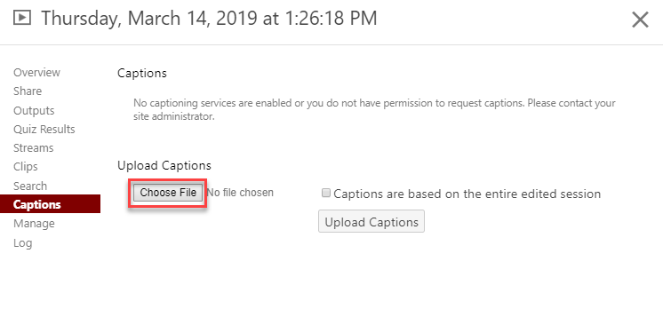 Upload captions dialog box with Choose File button indicated
