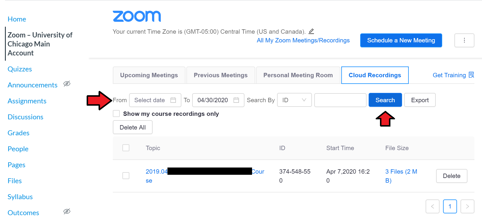 Zoom Cloud Recordings Tab