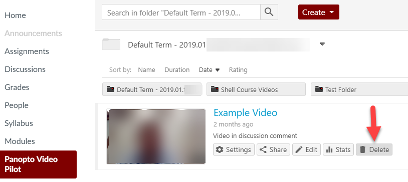 Video menu with Delete option indicated
