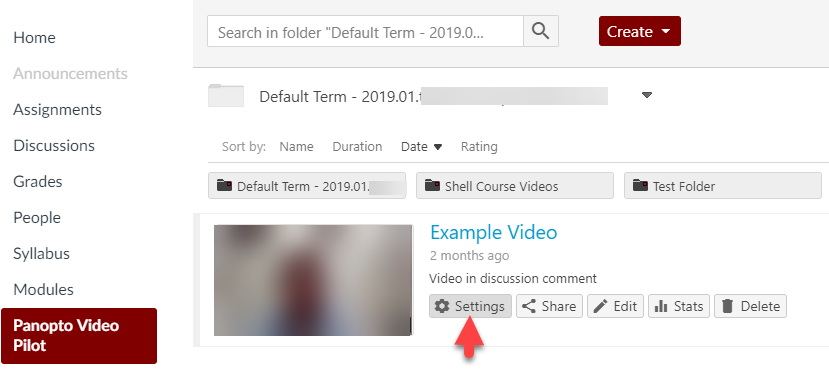 Video menu with Settings indicated