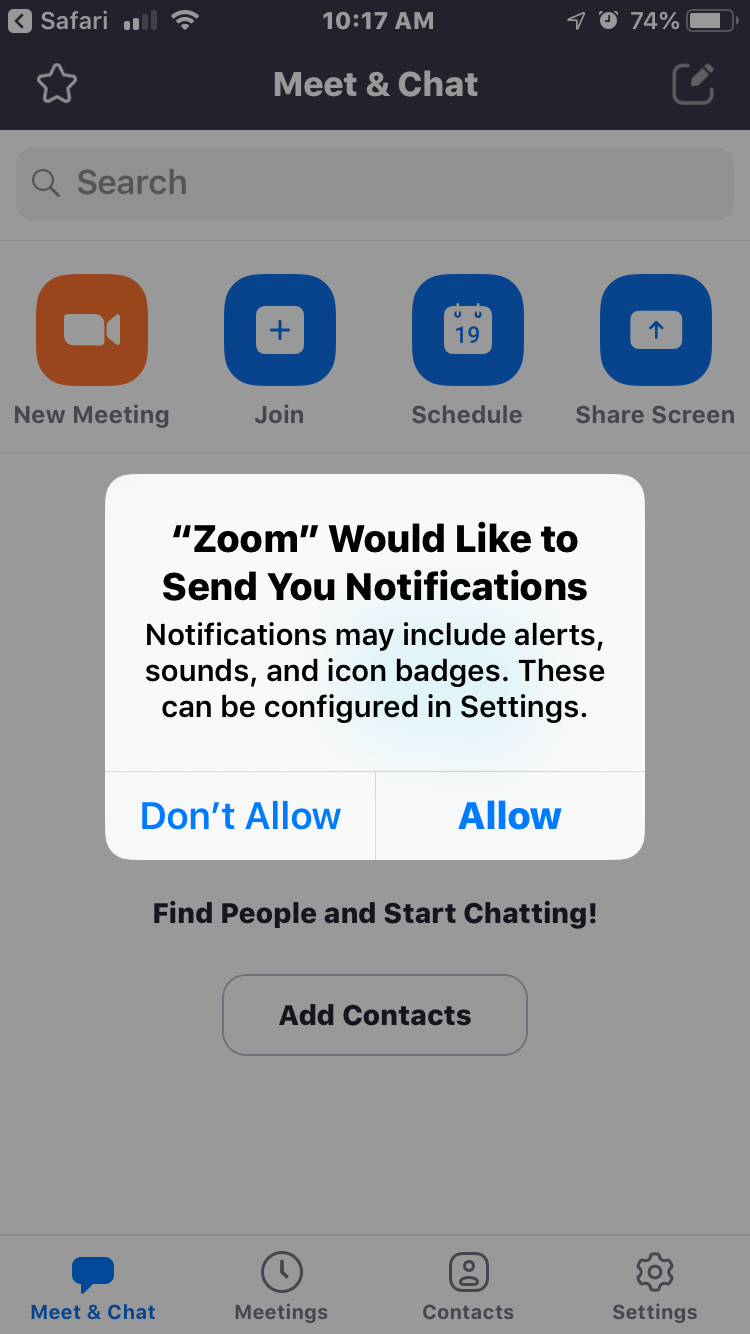 Zoom notification request pop-up